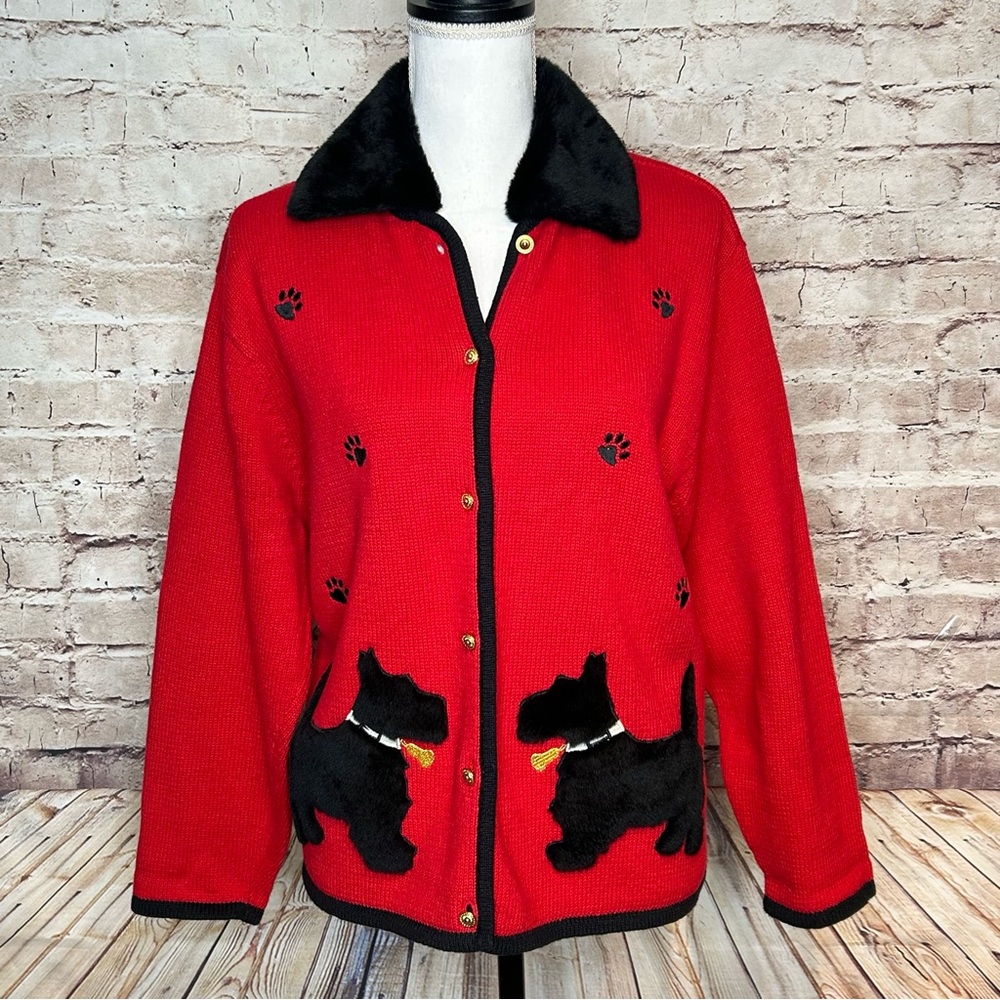 Vintage Red Scottie Dog Embroidered Faux Fur Pawprint Cardigan Sweater Size L